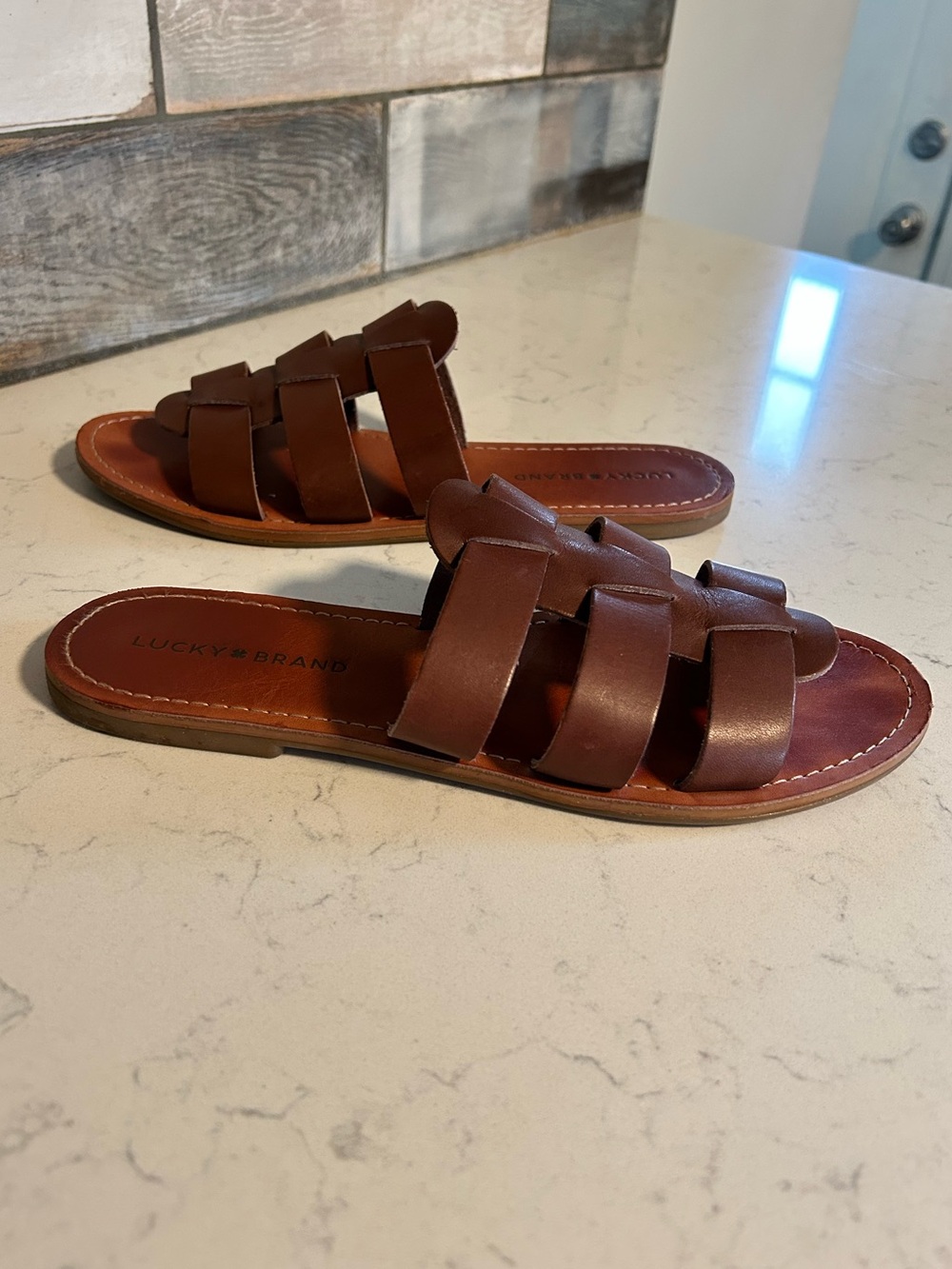 🍀 Lucky Brand Aisha Dark Leather Woven Slide Sandals In Dark Brown